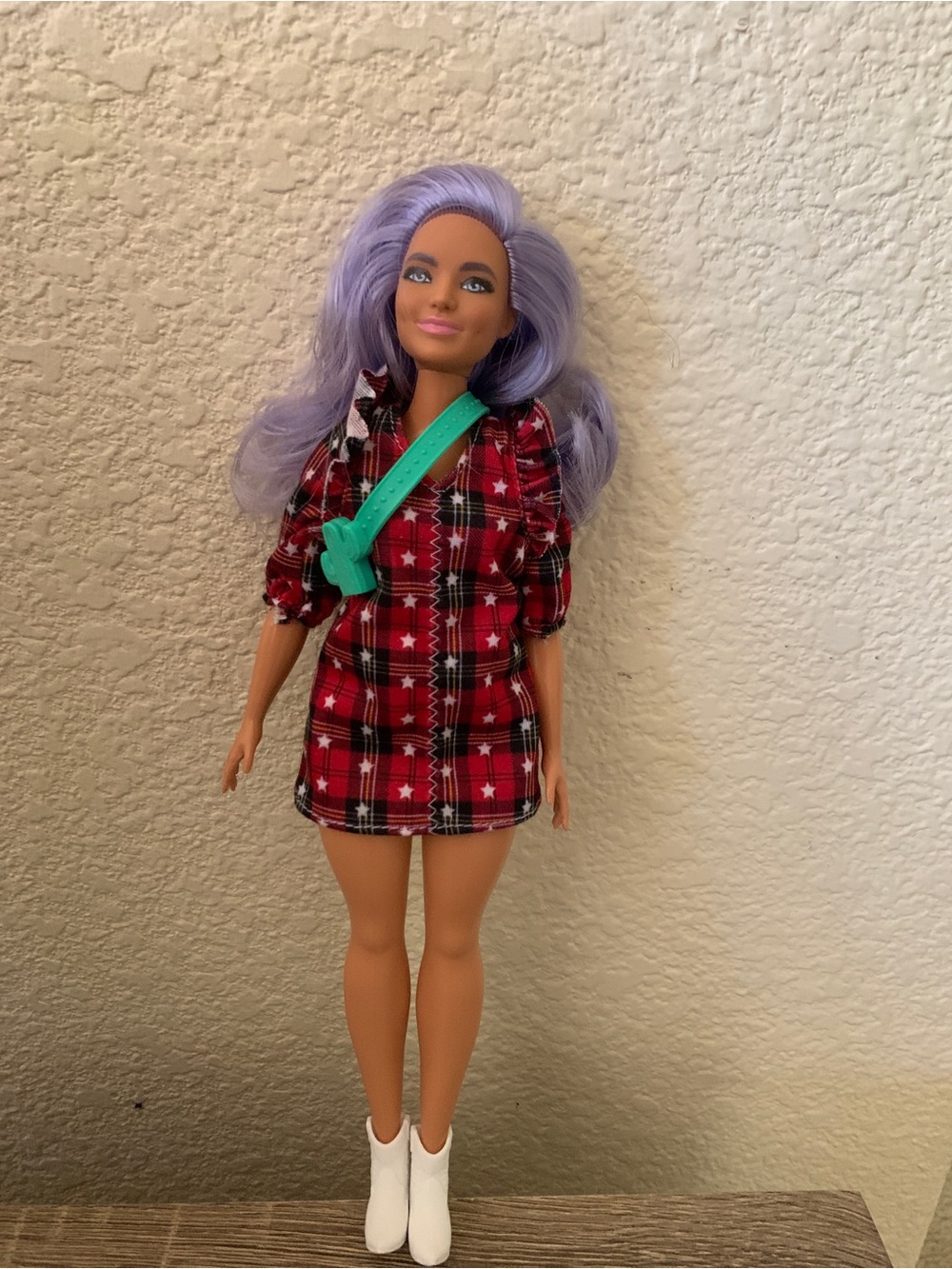 Barbie Fashionistas Doll with Purple Hair Light Blue Eyes Plaid Dress